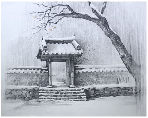 Drawing Korea landscapes traditional Korean house Pencil Drawing 한국의