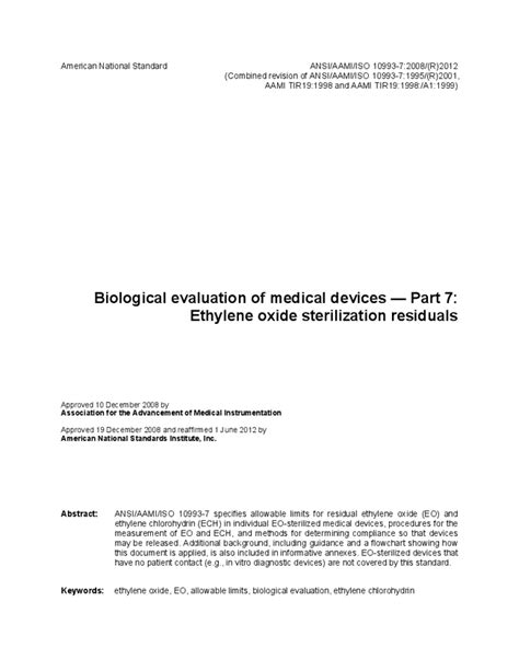 Biological Evaluation Of Medical Devices Part Ethylene Oxide