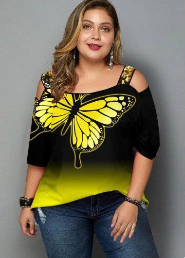 Plus Size Tops For Women Rotita Plus Size Butterfly Print Ombre Sequin