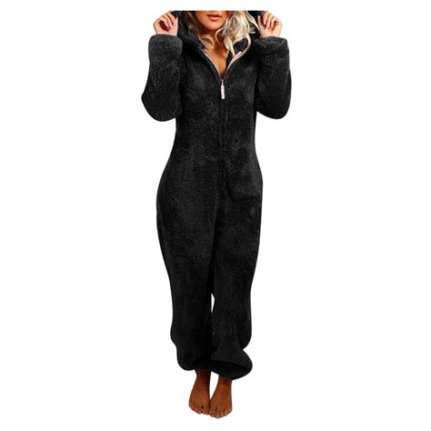 Aherbiu Pajamas Jumpsuits For Women Plus Size Fleece Fluffy Sleepwear 12 Zip Up Hooded Long