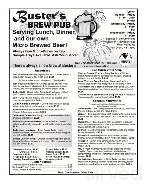 Busters Brew Pub Menu In Fort Drum New York Usa