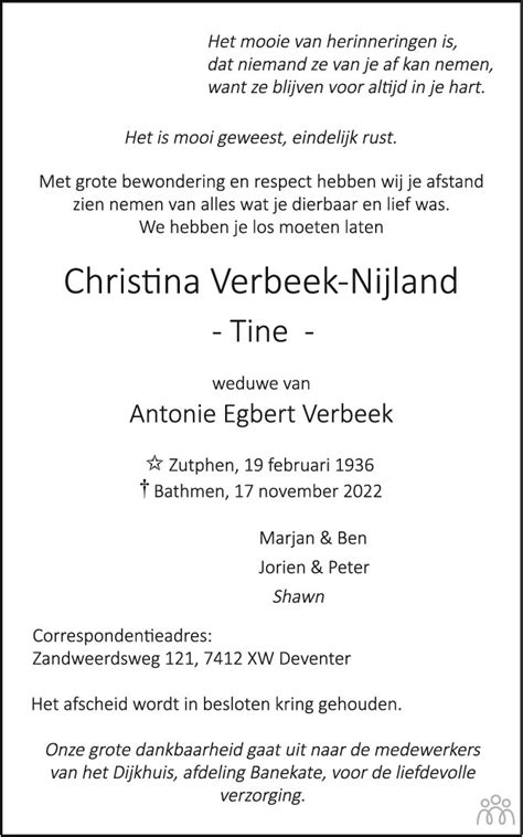 Christina Tine Verbeek Nijland Overlijdensbericht En