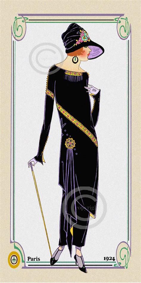 Art Deco Paris Fashion Print Flapper Style Lady Dressed In Black Velvet Walking Cane