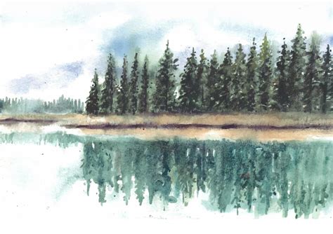 Reflection Of Beautiful Pine Trees In Lake Watercolor 12669694 Vector