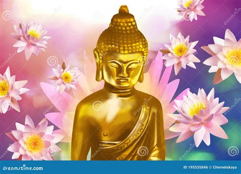 Buddha Figure Surrounded By Lotus Flowers On Bright Background Stock