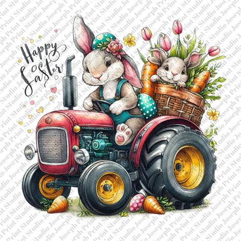 Happy Easter Tractor With Bunny Flowers And Carrot Png Hand Drawing