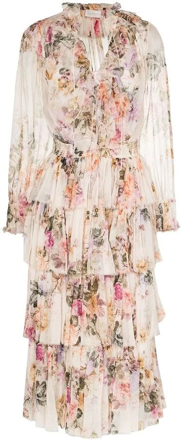 Zimmermann Floral Print Tiered Midi Dress Shopstyle