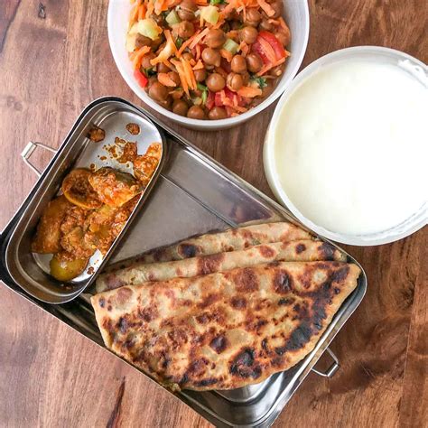 Lunch Box Ideas Aloo Paratha Gunde Ka Achar Kala Chana Salad And