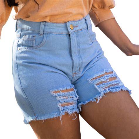 Short Feminino Jeans Mom Destroyed Cintura Alta Azul Claro