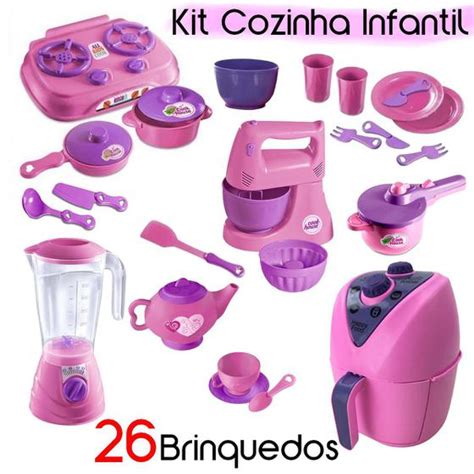 Kit Cozinha Infantil Airfryer Liquidificador Batedeira Cafeteira