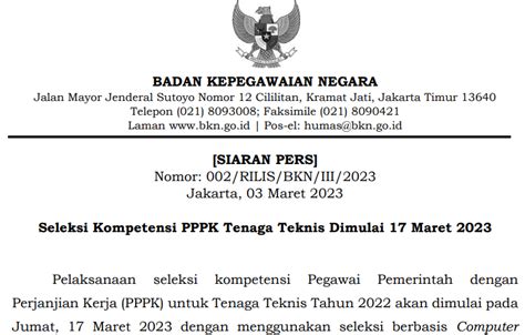 Seleksi Kompetensi PPPK Tenaga Teknis Dimulai 17 Maret 2023 SELEKSI