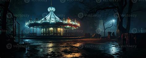 Nighttime abandoned amusement park with sanatorium, ferris wheel, and ...