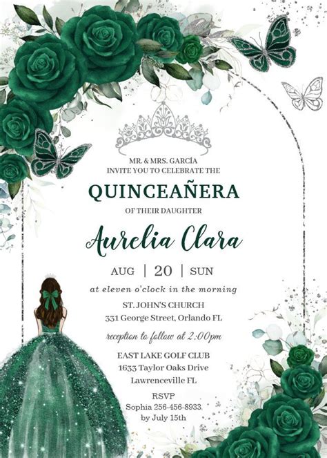 Emerald Green Floral Princess Silver Quinceañera Invitation Zazzle