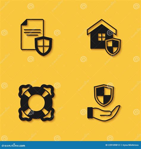 Set Contract With Shield Shield In Hand Lifebuoy And House Icon With