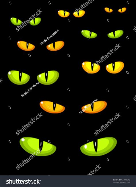 A Lot Of Dangerous Green And Yellow Wild Cat Eyes In Darkness Stock