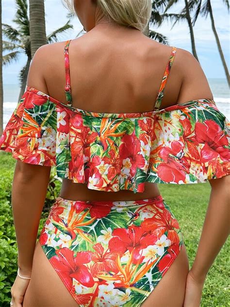 Allover Floral Print Ruffle Hem Bikini Swimsuit Shein Usa