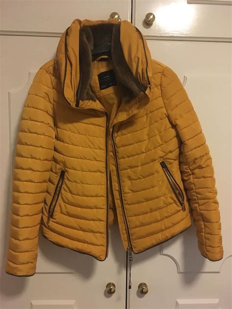 Zara Mustard Short Puffer Jacket Anorak Coat With Fur Collar And Hood