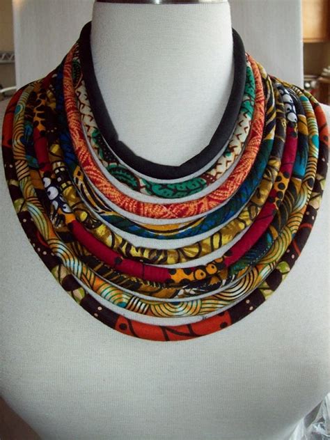 African Fabric Boho Tribal Bib Necklace Wearable Fiber Art By