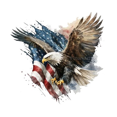 Watercolor Patriotic Bald Eagle Digital Clipart American Flag Wall