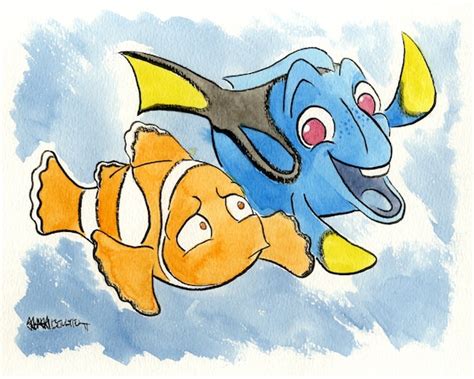 Finding Nemo Marlin and Dory Original Ink and Watercolor | Etsy