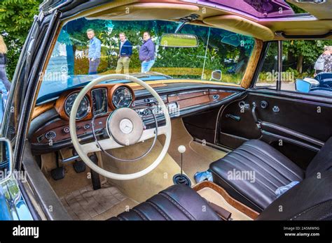 BADEN BADEN, GERMANY - JULY 2019: violet purple leather interior of ...