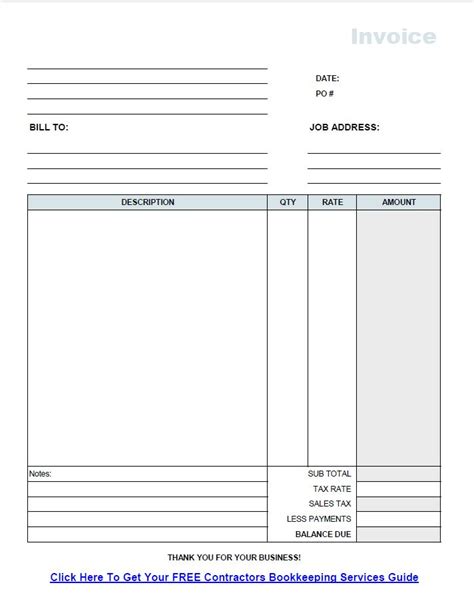 Free Invoice Form For Contractors Worksheets Library