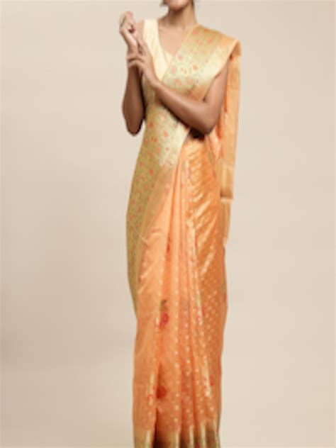 Buy Saree Swarg Peach Coloured Golden Ethnic Motifs Organza Banarasi