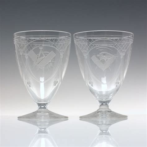 Pair Antique Edwardian Masonic Engraved Glass Rummers C1910 Drinking Glasses Exhibit Antiques