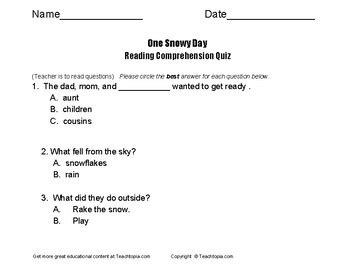 Benchmark Advance Reading Comprehension Quiz One Snowy Day Tpt