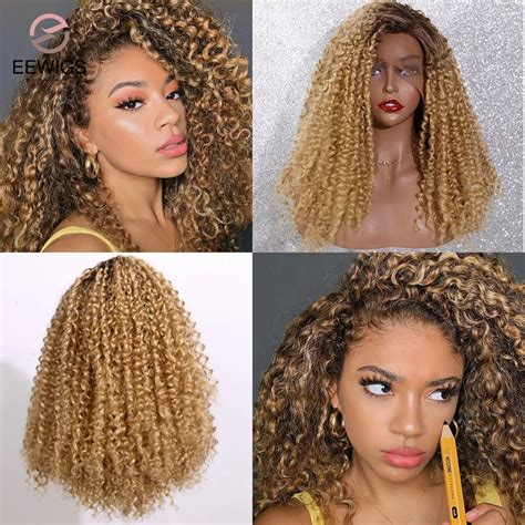 Eewigs Afro Kinky Curly Synthetic Lace Front Wig Honey Blonde Black Wigs With Short Brown Roots