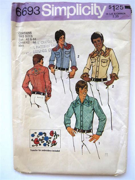 1970s Mens Western Shirt Pattern With Transfer Size 42 And Etsy