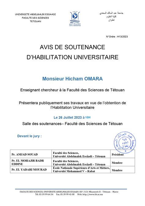 Soutenance Habilitation Universitaire Mr Hicham Omara Fs T Touan