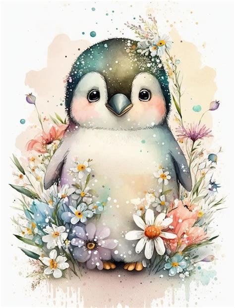 Premium AI Image | A watercolor painting of a penguin in a field of ...