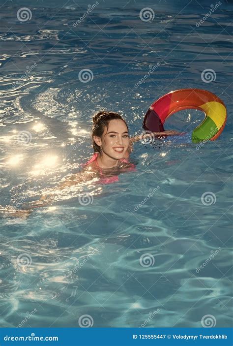 Maldives Or Miami Beach Woman On Sea With Inflatable Ring Fashion And