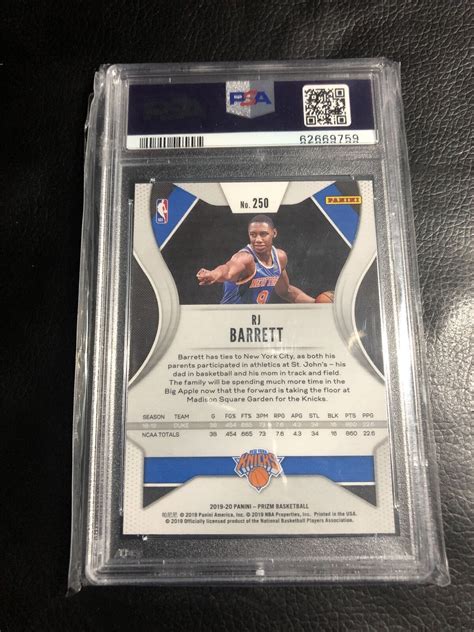 2019 20 Panini Prizm Rj Barrett 250 RC Base Rookie Gem Mint PSA 10 NY