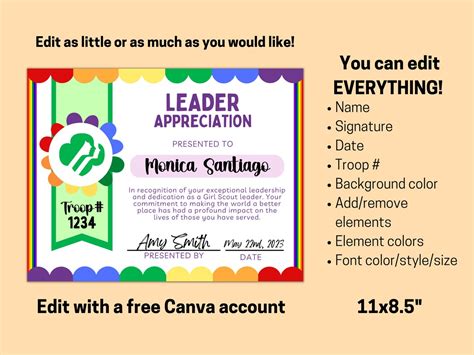 Girl Scout Leader Appreciation Certificate Template Girl Etsy