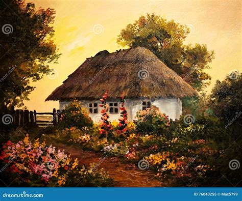 Oil Painting - House in the Village, Art Work Stock Image - Image of ...