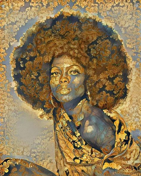 An Artistic Painting Of A Woman With Large Afros And Gold Jewelry On