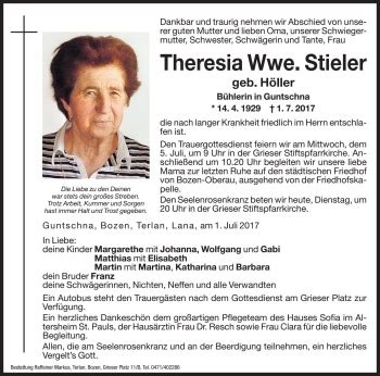 Traueranzeigen Von Theresa Stieler Trauer Bz