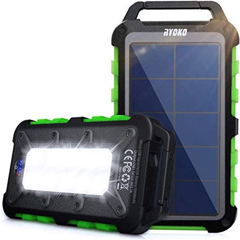 Solar Power Bank 10000mah Ryoko Portable Solar Charger Ipx4 Waterproof