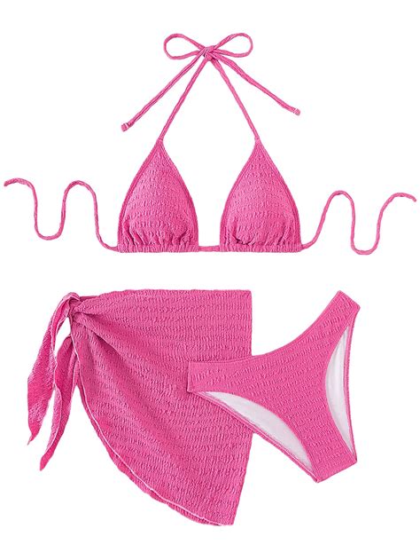 SHENHE Women S 3 Piece Textured High Cut Halter Triangle Bikini Swimsuit With Cover Up Solid Hot