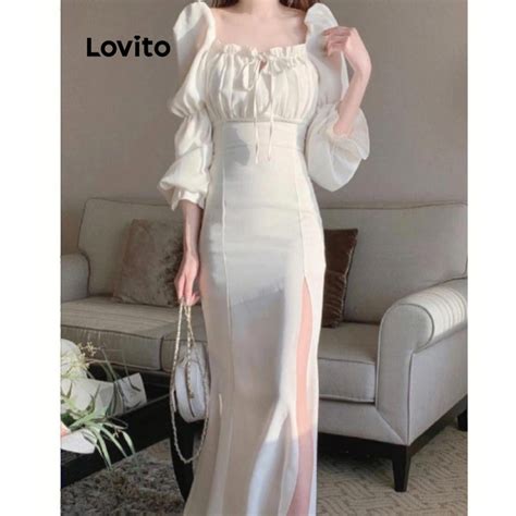 Lovito Women Elegant Plain Lace Up Ruffle Split Front Dress Lnl