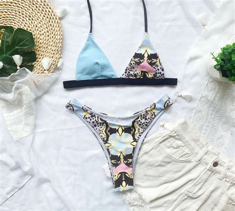 Sexy Micro Bikini Blue Woman Swimsuit Halter Print Swimwear Women Thong Bikinis Set Female