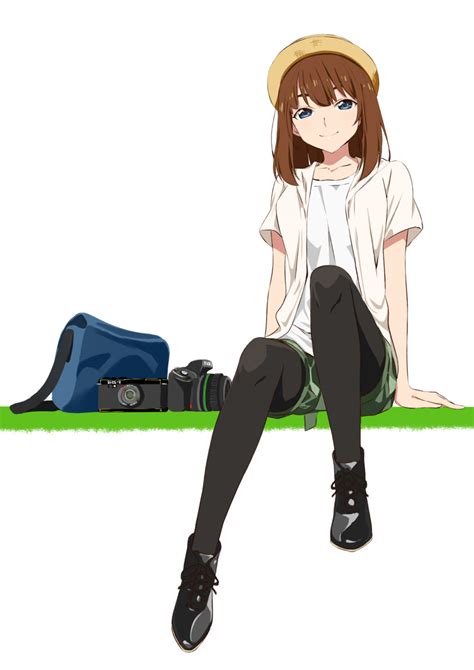 Safebooru 1girl Black Legwear Blue Eyes Brown Hair Camera Hat Long Hair Original Pantyhose