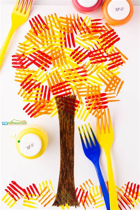 simple fork painted fall tree craft  preschool apple sponge