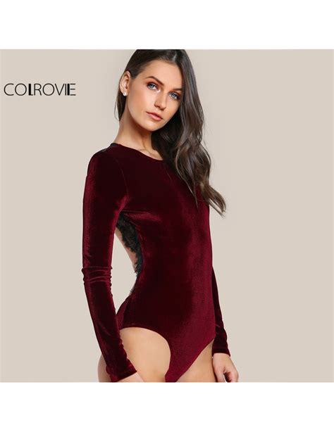 Backless Velvet Lace Bodysuit Burgundy Elegant Women Applique Long