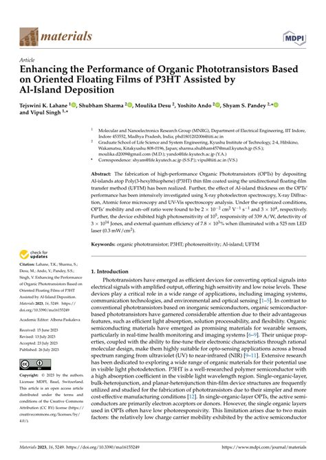 PDF Enhancing The Performance Of Organic Phototransistors Based On