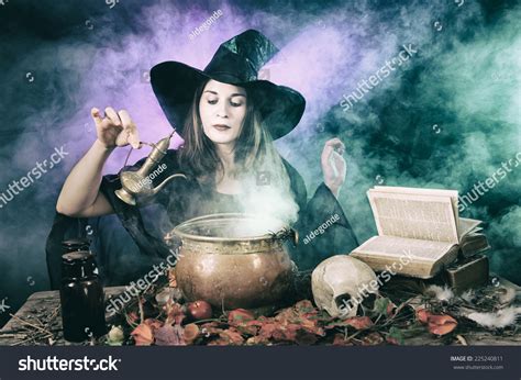 Halloween Witch Cooking Potion Copper Cauldron Stock Photo 225240811