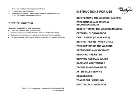 WHIRLPOOL WASHING MACHINE INSTRUCTIONS FOR USE MANUAL Pdf Download ...