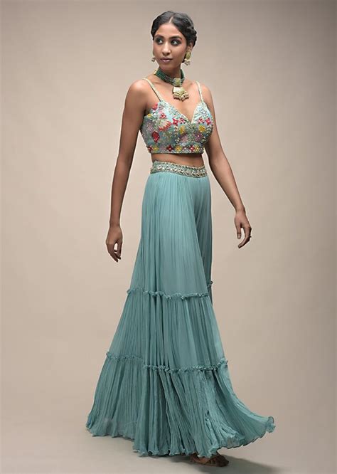 Sage Green Sharara Suit In Georgette With Resham Embroidered Crop Top